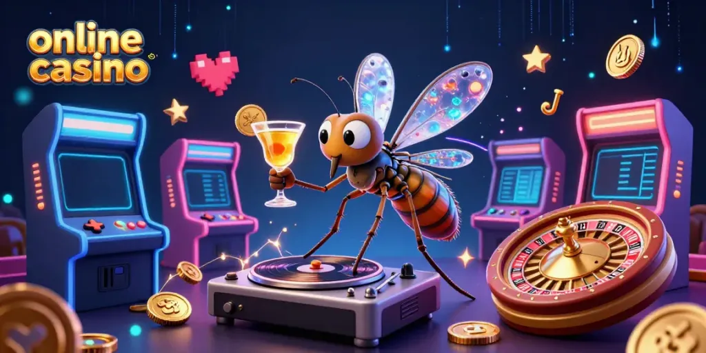 Engaging scene of an online casino with unique 3D characters and vibrant game elements.