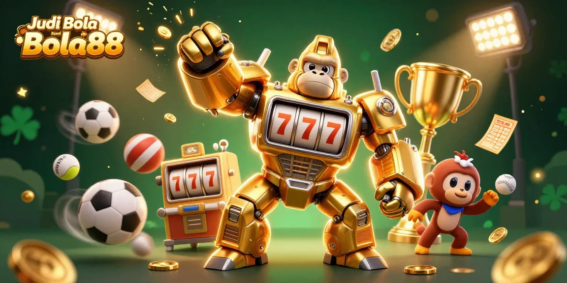 Engage with Judi Bola Resmi Bola88 in a vibrant 3D sports betting illustration featuring a gorilla mech.