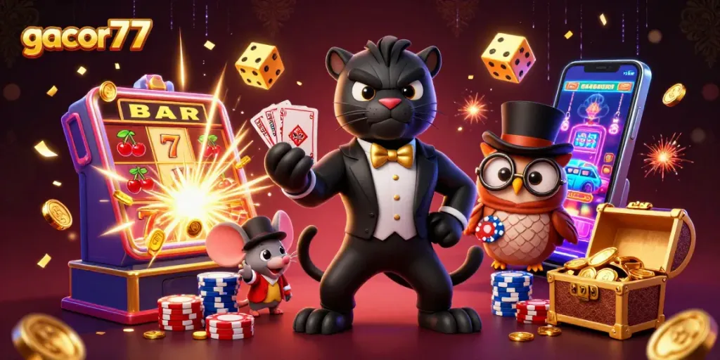 Permainan gacor77 dengan karakter kartun kasino menarik seperti panther dan burung hantu.