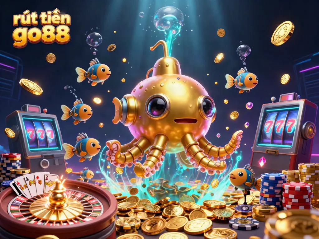 Experience rút tiền go88 with vibrant gold coins and mechanical fish in a thrilling casino scene.