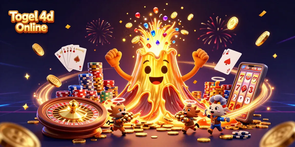 Experience Togel 4d Online in a vibrant 3D scene with cascading coins and treasures.