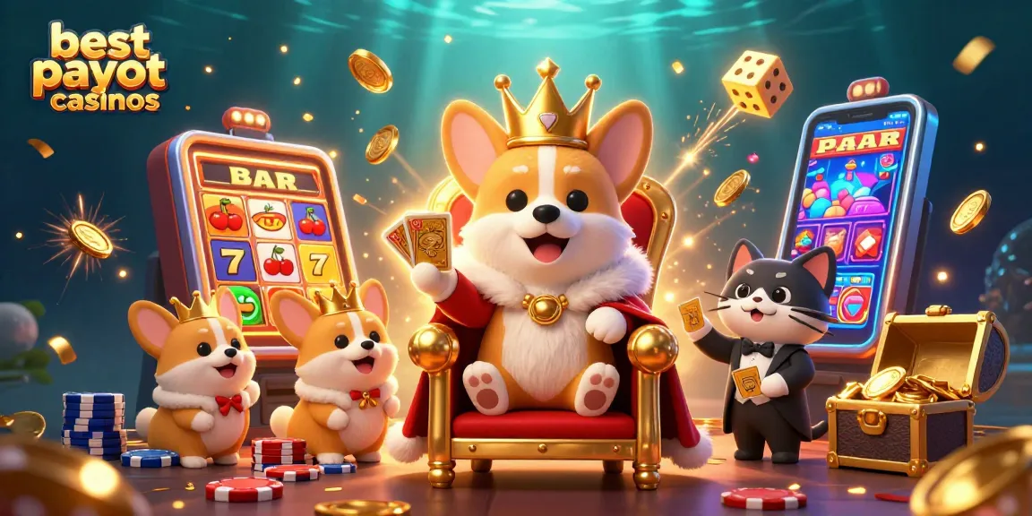 Explore the vibrant scene of the best payout casinos with a royal corgi and dynamic slot machine