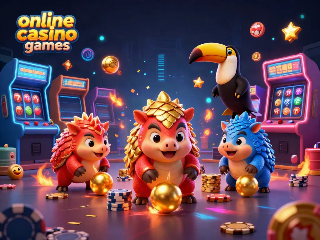 Engaging scene of online casino games with rival pangolins bowling through poker chips, capturing dynamic fun.