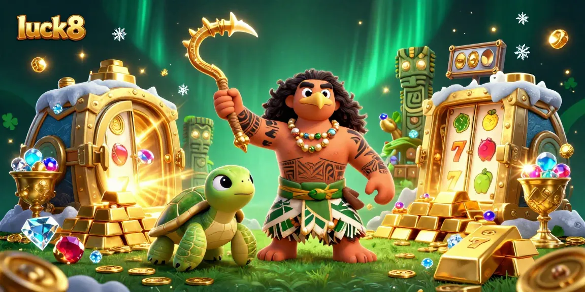 Spin to win with luck8: A vibrant 3D scene showcasing slot reels and treasure in a magical setting.