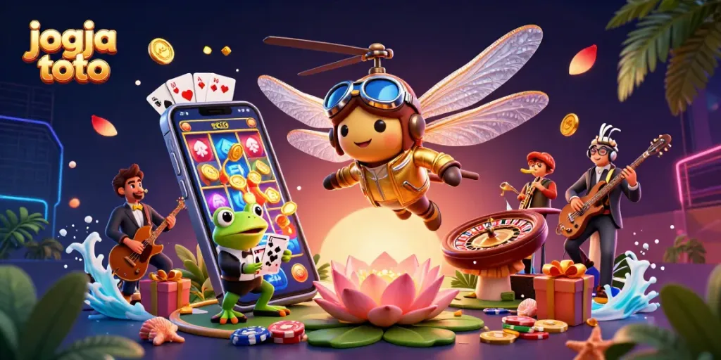 Experience thrilling gaming at jogja toto while a frog croupier deals cards beneath a dragonfly pilot.