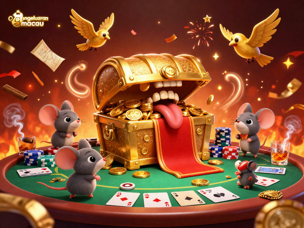 Memenangkan pengeluaran macau dengan karakter harta karun, chip poker, dan kemeriahan di kasino.