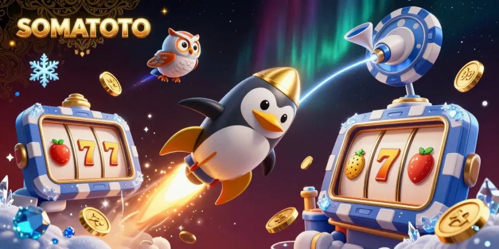 Engage with SOMATOTO's thrilling slots experience in a vibrant 3D casino-themed illustration.