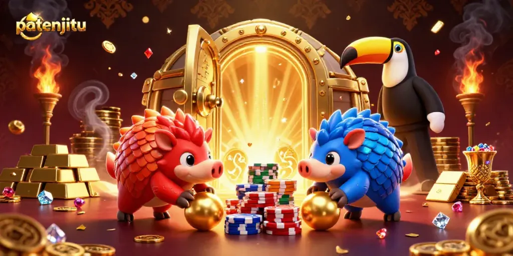 Visualisasi patenjitu dengan pangolin bersaing, poker chips, dan kilau emas