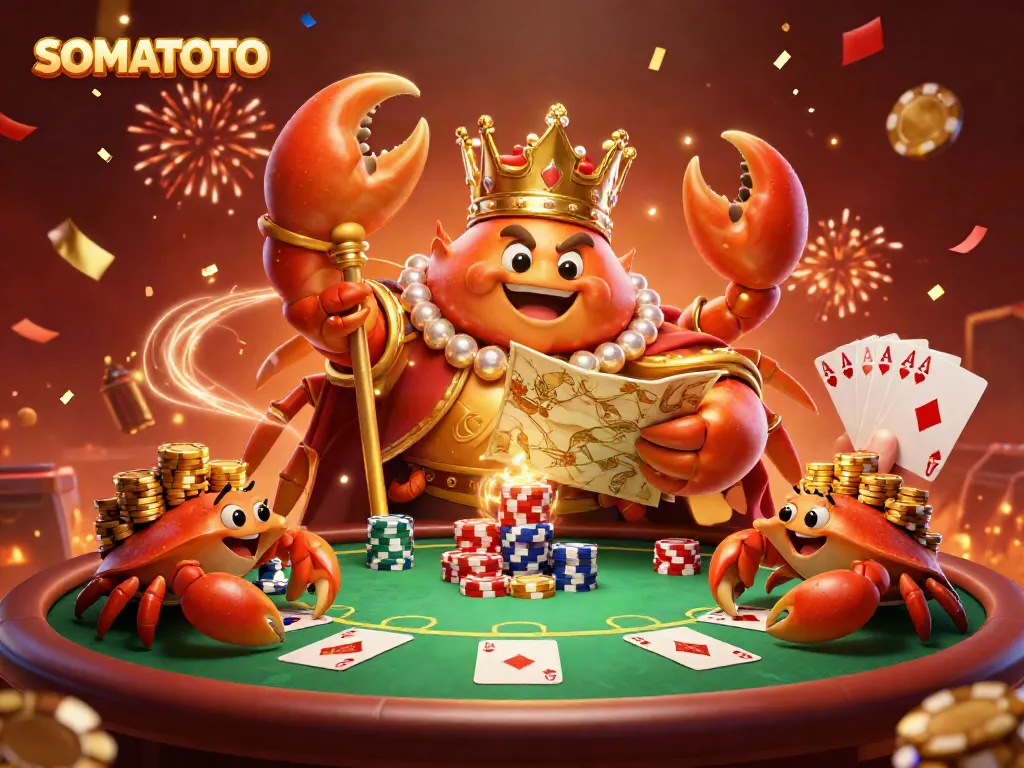 SOMATOTO showcases a lavish casino scene with a golden crab emperor surrounded by poker elements and confetti.