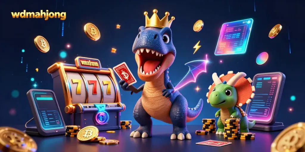 Engage with wdmahjong's thrilling slots as a T-Rex shuffles cards while a pterodactyl assists and a triceratops stacks chips.