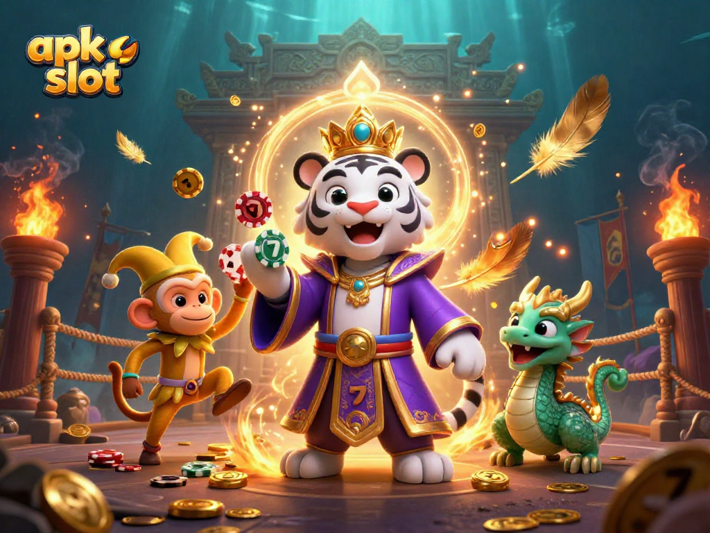 Experience thrilling gameplay with apk slot as a 3D tiger and playful monkey spark excitement in a vibrant casino scene.