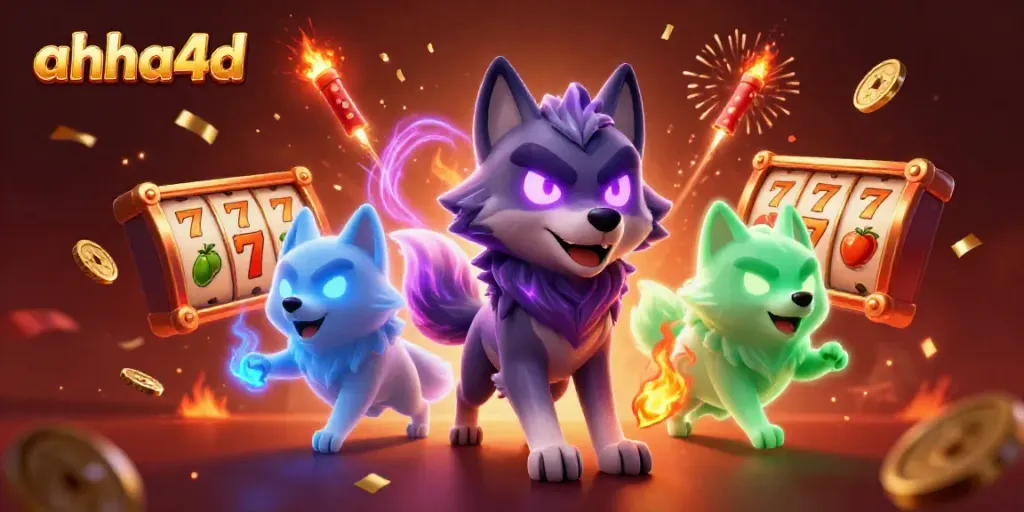 Permainan slot online AHHA4D dengan karakter serigala dan elemen perjudian yang ceria.