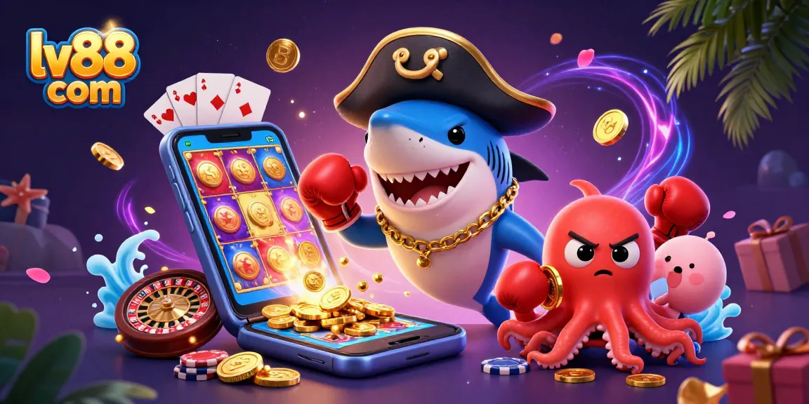 Play exciting games at lv88 com featuring animated pirate shark and octopus in a vibrant casino scene.