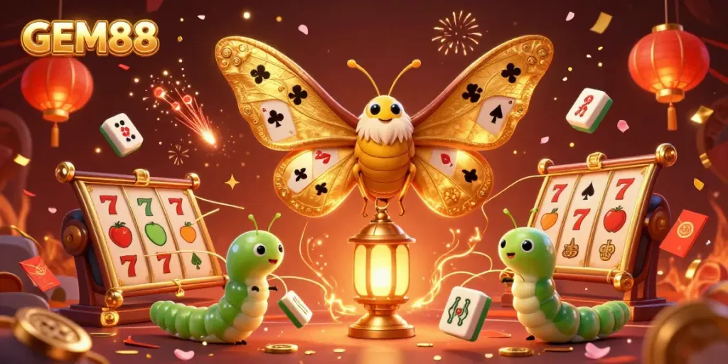 Experience excitement with GEM88, featuring vibrant 3D casino scenes and festive motifs of winning jackpots.