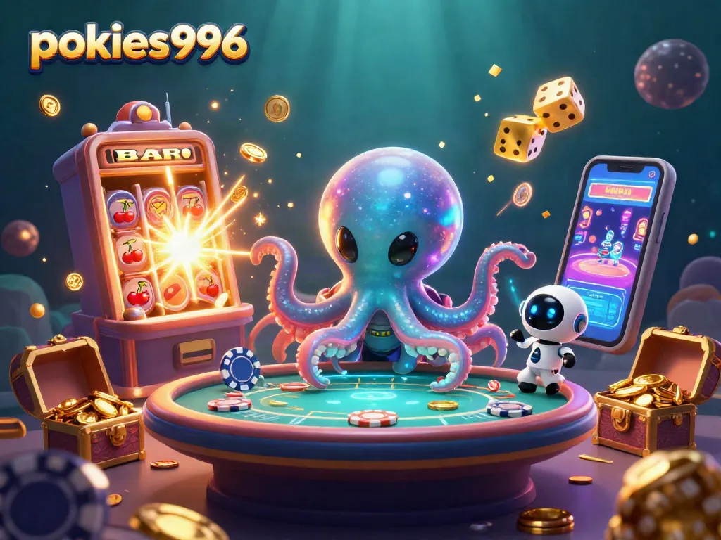 Spin the reels with pokies996 while a space octopus operates a holographic poker table amidst vibrant casino chaos.
