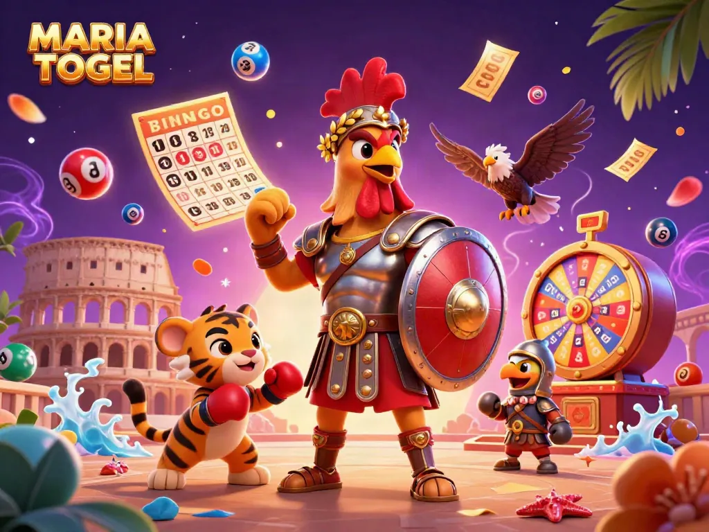 MARIATOGEL promotes engaging lottery fun with a 3D gladiator rooster, colorful lottery balls, and vibrant game elements.