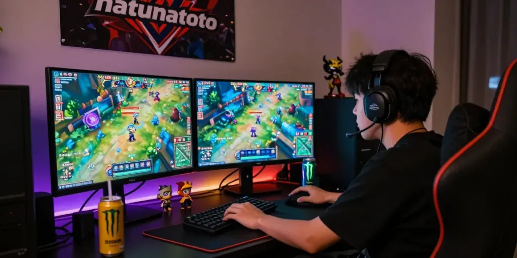 Gamer asik bermain natunatoto dengan monitor dan aksesoris gaming