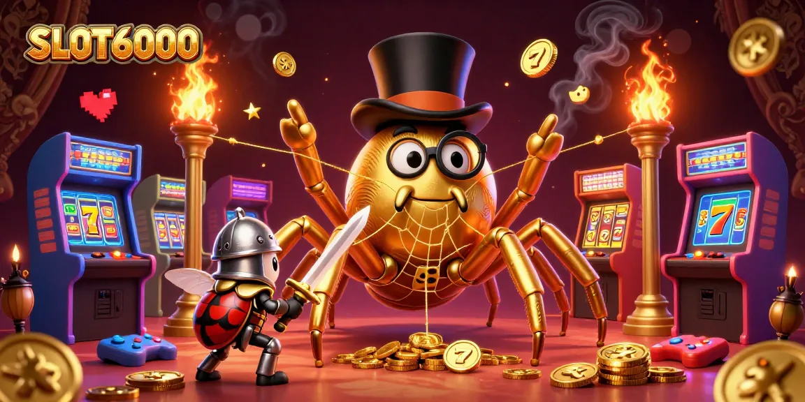 SLOT6000 showcases a vibrant scene with a golden tarantula and beetle knight amid exciting casino elements.