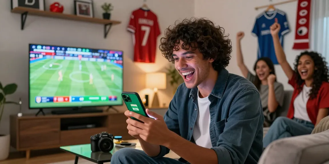 Excited fan using tempototo for World Cup betting at home, modern lifestyle.