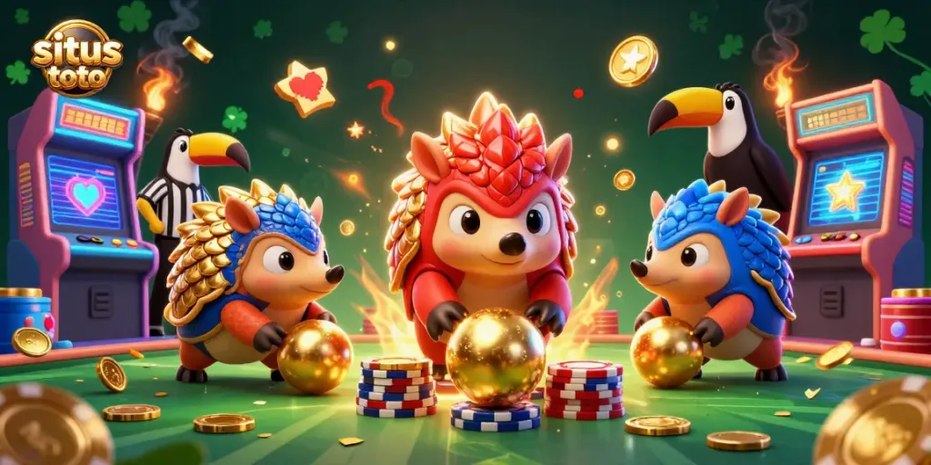 Rival pangolin bertanding di situs toto dengan chip poker dan mesin arcade berwarna-warni.