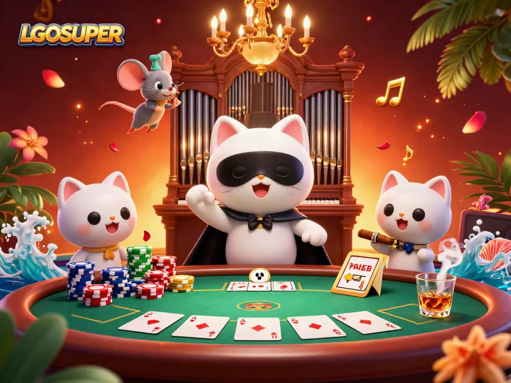 Experience LGOSUPER thrills with this vibrant 3D casino scene featuring a phantom cat and acrobat.