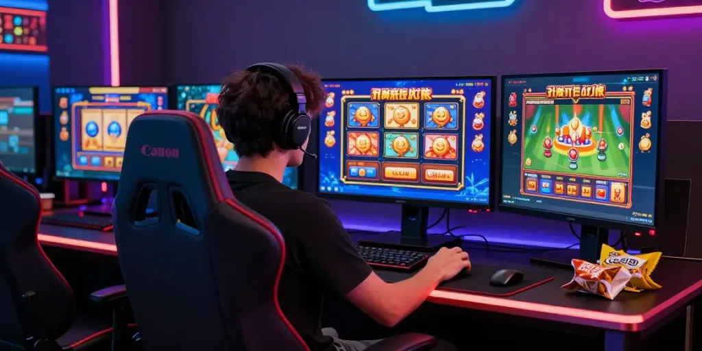 Pengguna bermain SLOT GACOR di meja gaming modern dengan suasana ceria dan gear gaming lengkap.
