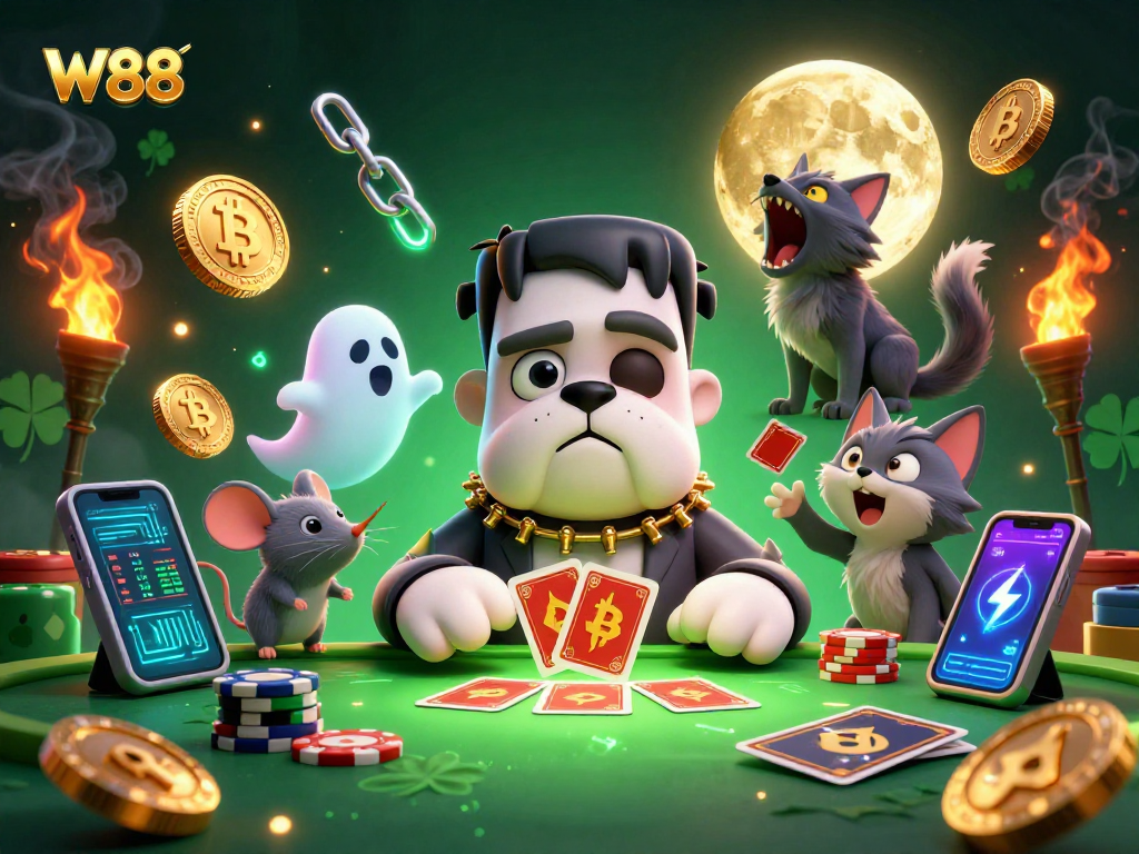 W88 gamblers experience thrilling card action at the casino surrounded by neon crypto coins.