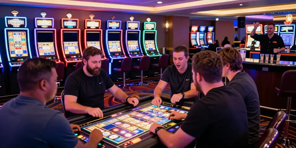 Pengunjung bermain permainan togel 4D di kasino, suasana ramai dan menggembirakan, informasi alexistoto terlihat di layar