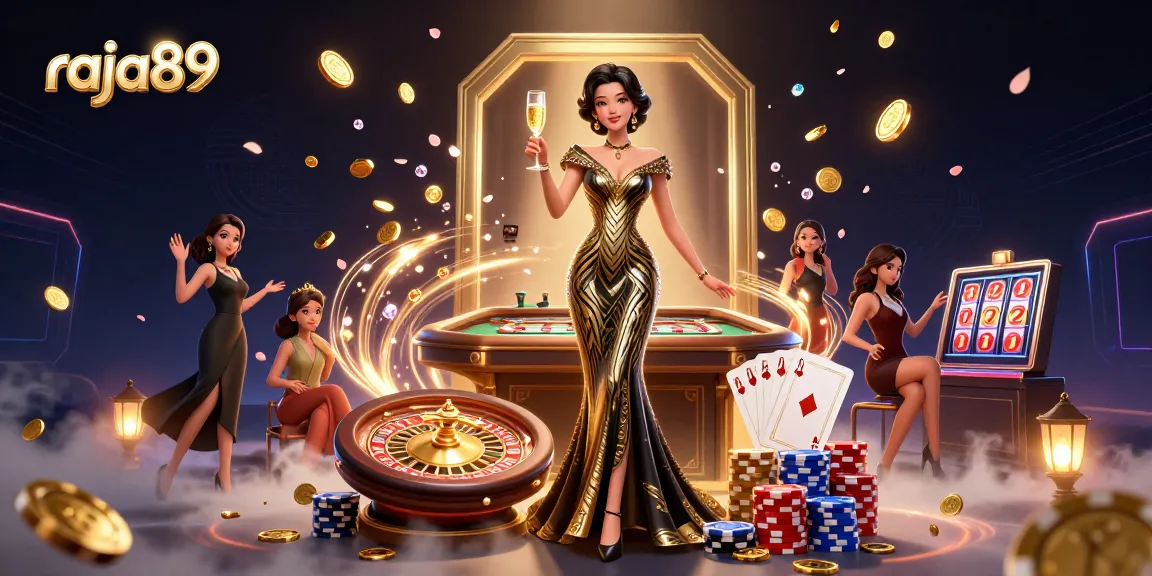 Experience the excitement of raja89 with a glamorous casino scene featuring a stylish Asian woman.