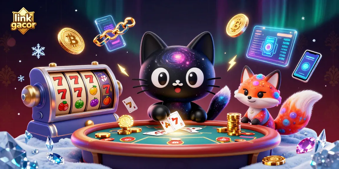 Experience the thrilling action at a cosmic casino with "link gacor" as golden chips and cards swirl around the characters.