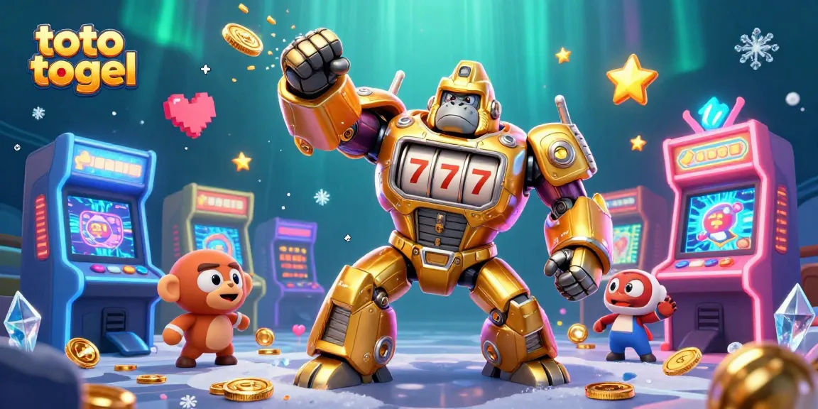 Menghadirkan toto togel dalam ilustrasi 3D dengan gorila emas transformer dari slot machine, dikelilingi mesin arcade berwarna-warni dan efek koin berkilau.