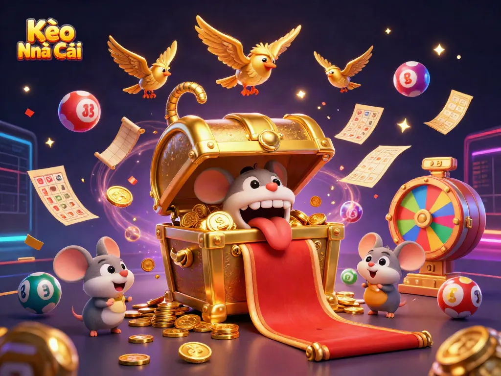 Engage in Kèo Nhà Cái excitement with a vibrant 3D casino scene filled with treasures and lottery elements.