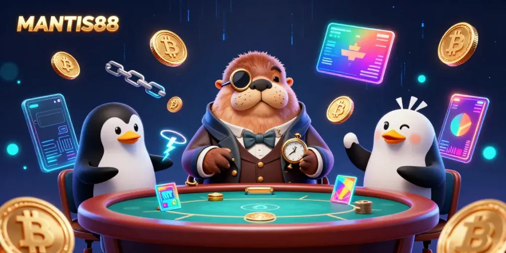 Engage with MANTIS88's underwater poker scene featuring a jolly walrus, sophisticated dealer, and bluffing pufferfish.