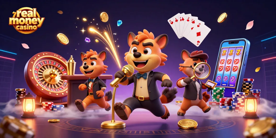 Engaging scene of real money casino featuring humorous hyenas, vibrant game elements, and immersive atmosphere.