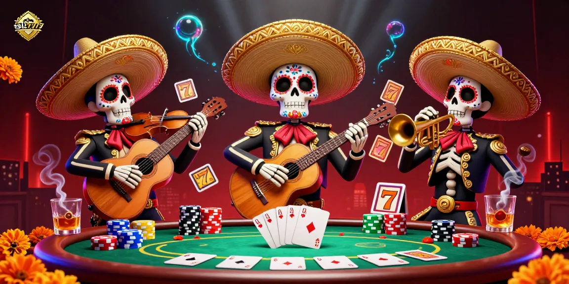 Spin the reels at slot777 with vibrant mariachi characters amidst poker elements.