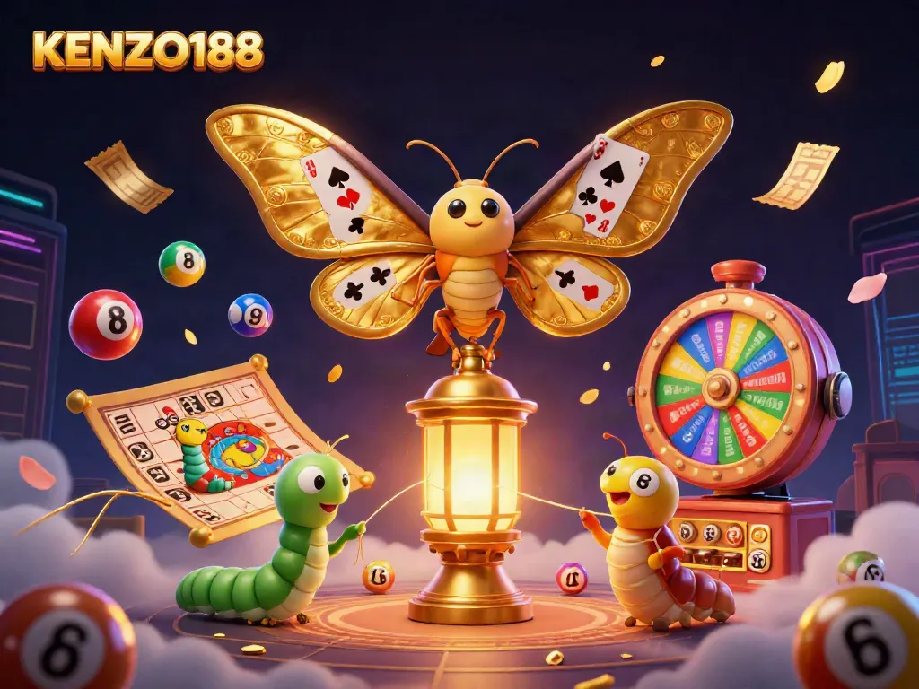 Bermain dengan KENZO188 di dunia kasino yang terinspirasi oleh kupu-kupu raksasa, dikelilingi bola lotere berwarna.