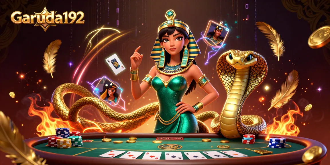 Join the excitement at Garuda192 with a vibrant poker scene featuring a glamorous woman and golden cobra companion.