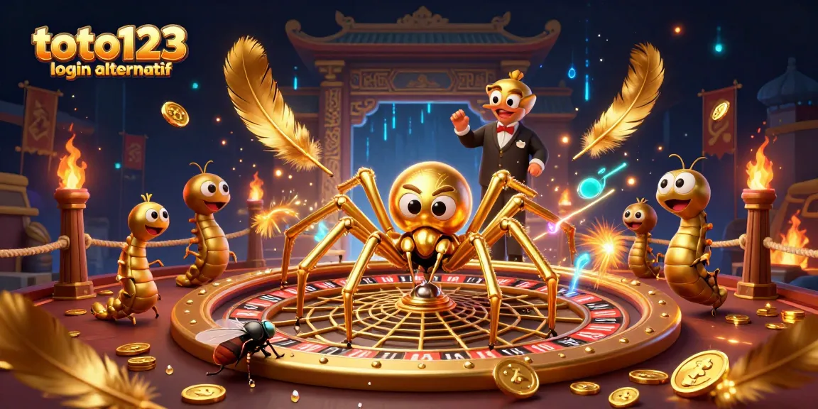 Toto123 login alternatif shows a golden spider spinning a roulette wheel web in a lively casino.