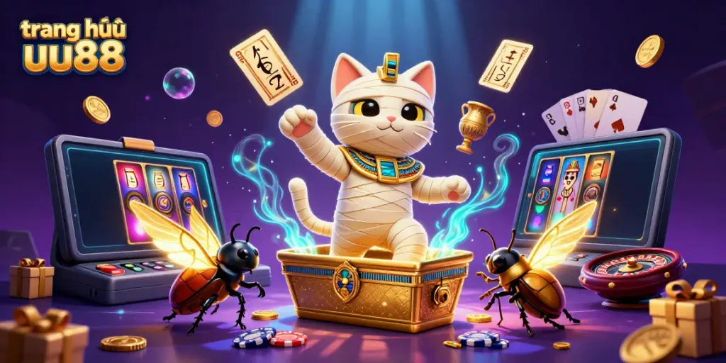 Engage with the vibrant world of trang chủ uu88, featuring a cartoon Egyptian mummy cat and glowing elements in an exciting casino setting.