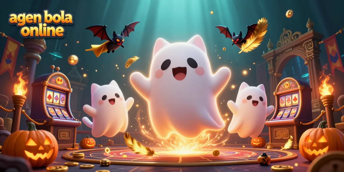 Experience thrilling games at agen bola online with a friendly ghost cat and vibrant casino elements.
