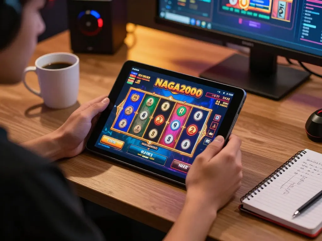 NAGA2000 slot game interface displayed on a tablet, showcasing engaging gameplay and vibrant graphics.
