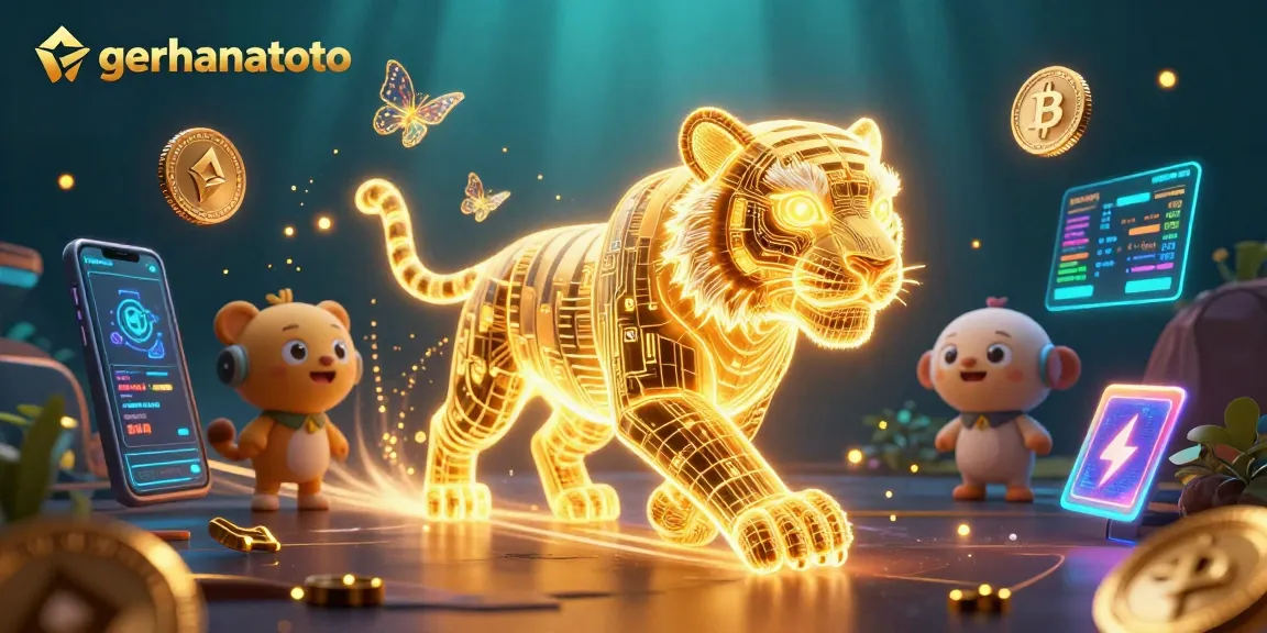 Menangkan permainan di gerhanatoto dengan harimau emas berlampu neon dan efek sirkuit di lanskap kasino digital.