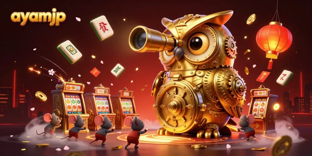 Engage in thrilling gameplay at ayamjp, surrounded by vibrant casino elements and a golden owl guardian.