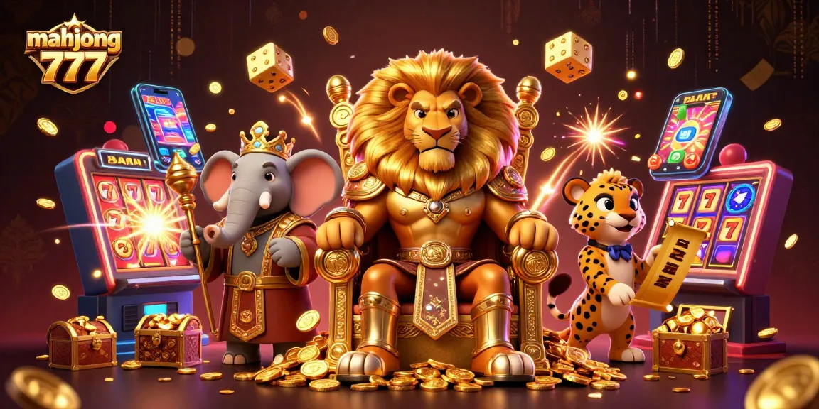 Experience mahjong 777 excitement with a vibrant scene featuring a lion king, elephant advisor, and cheetah messenger.