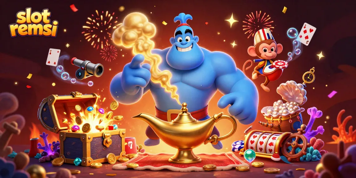 Menangkan slot remsi dengan genie biru yang mengeluarkan harta karun dalam ilustrasi 3D yang penuh warna.