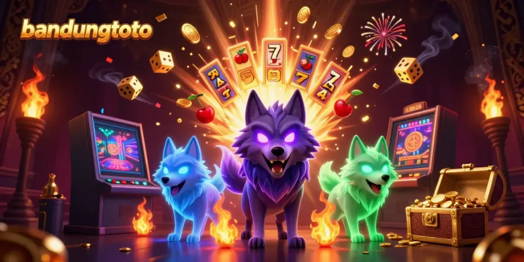 Experience the excitement of bandungtoto with a thrilling illustration of a dynamic casino scene featuring slot machines and vibrant casino elements.