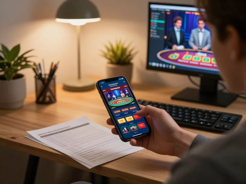 LGO99 Situs Game Online Terpercaya Di INDONESIA showcases a person playing mobile casino games using a smartphone in a cozy home office.