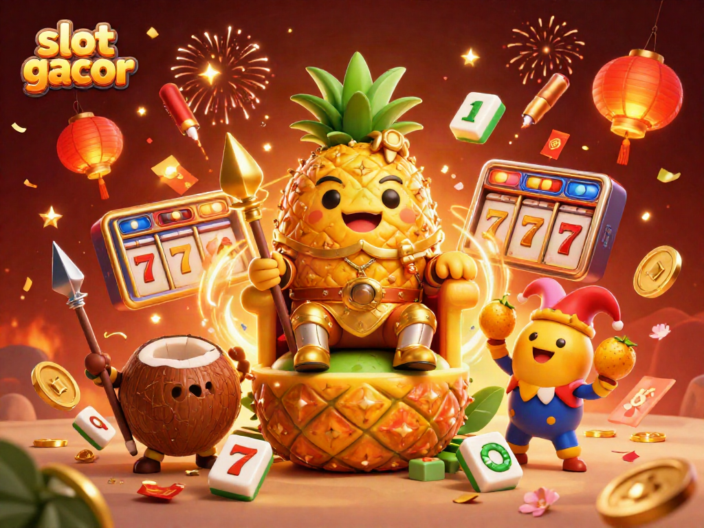 Slot gacor dengan raja nanas yang meriah di kasino pantai, penuh detail dan warna menarik.