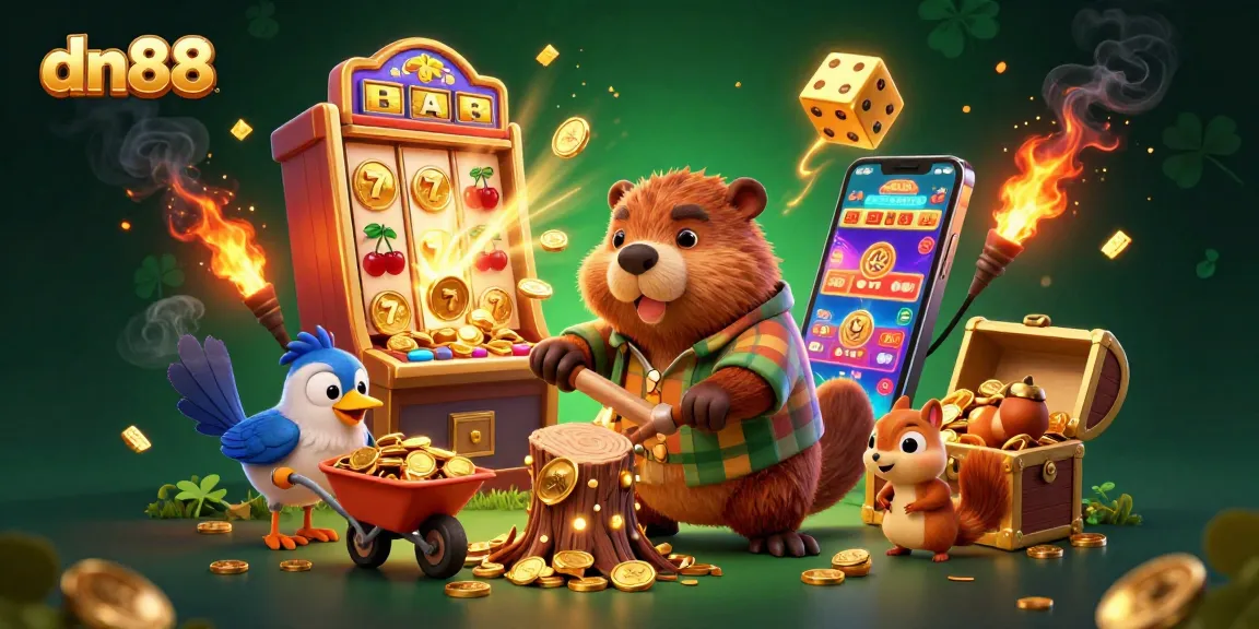 Join the fun with dn88's colorful casino world featuring a beaver and bird collecting golden rewards.