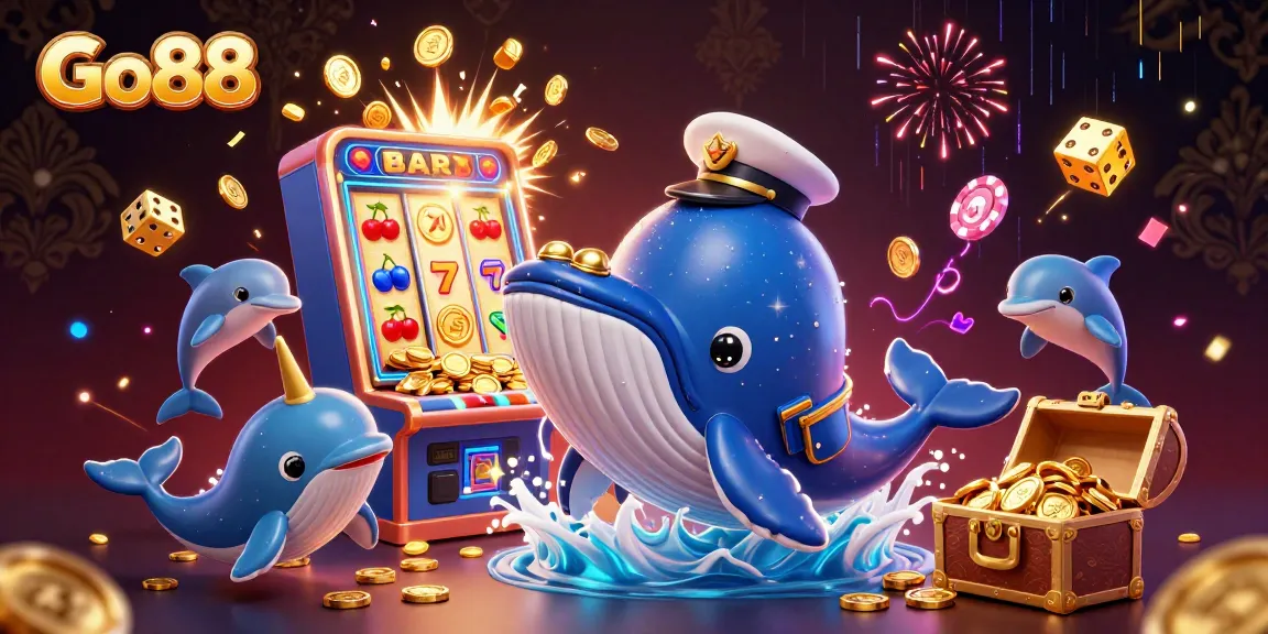 Go88 slots scene featuring a cartoon whale and dolphins amidst a jackpot explosion of coins and casino elements.